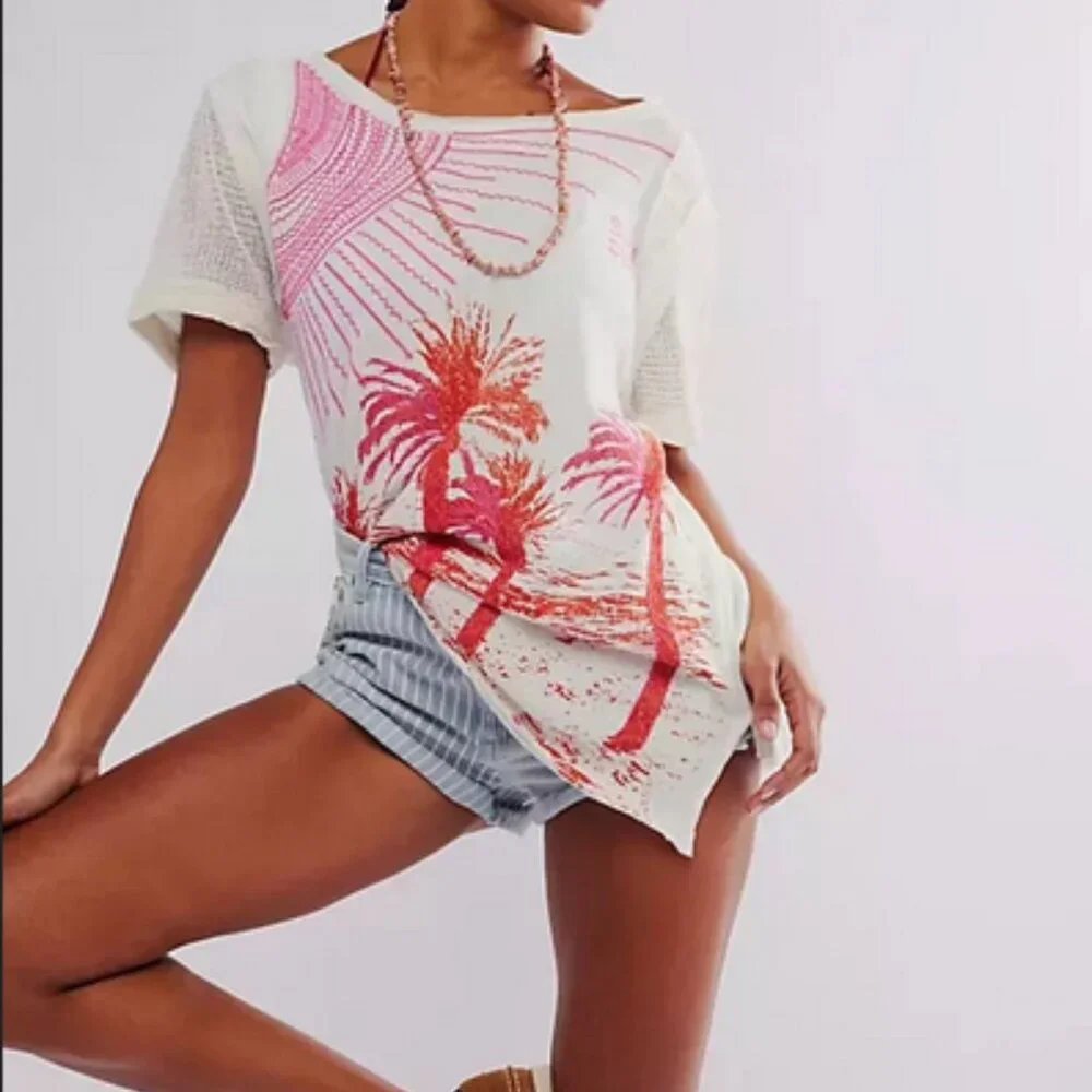 Free People We The Free Rising Sun Tee Top Mesh Printed Embroidered S